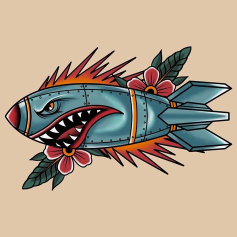 1,308 Me gusta, 22 comentarios - Nostradames (@nostradames_) en Instagram: ""Shark Bomb" done for commision work! 🦈🚀 If you need any custom design, please hit me up by DM • •…" Old School Tattoo Sleeve, Traditional Tattoo Man, Desenhos Old School, Traditional Tattoo Drawings, Tato Tradisional, Traditional Tattoo Old School, Traditional Tattoo Inspiration, Arte Pin Up, Pola Tato