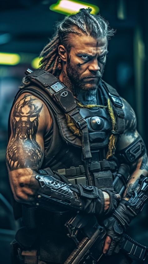 Cyberpunk Viking, Shadowrun Character Art, Tactical Viking, Mercenary Character Design, Future Warrior, Zombie Survivor, Male Art Model, Viking Character, Shadow Wolf