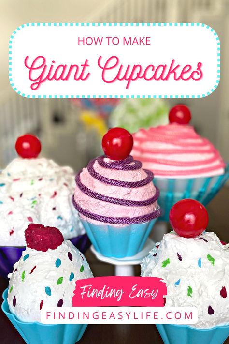 Winter Candy Land Birthday Party Ideas, Candy Themed Birthday Party Ideas Diy, How To Make Gum Drops Decorations, Diy Giant Cupcake Prop, Diy Cupcake Decorations, Giant Cupcake Decoration Diy, Diy Gumdrops Decorations, Diy Giant Cupcake, Candyland Decorations Diy