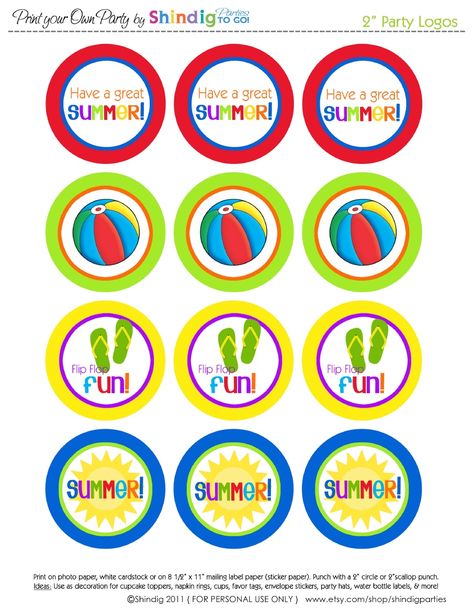 End of the school year activities: FREE summer circles.  Attach to your treat bags. Epiphany Crafts, School Cupcakes, Cupcake Toppers Free, Beach Birthday Party, Summer Printables, Party Logo, Printable Box, School Treats, Summer Pool Party