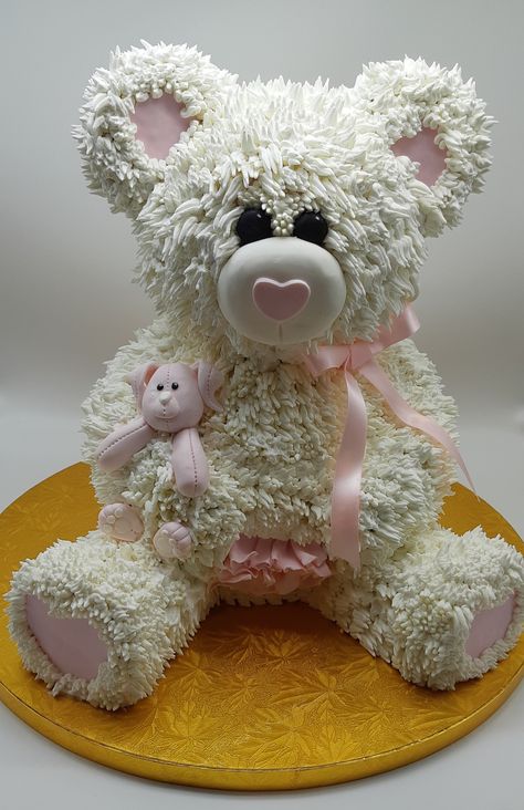 3D vanilla and raspberry teddy bear holding a fondant pink bunny. Buttercream frosting with fondant details. #teddybearcake #buttercreamteddybear Bear Face Cake, Teddy Bear Face, Bear Baby Shower Cake, Bd Cake, Fondant Pink, Teddy Bear Cake, Baby Boy Birthday Cake, Face Cake, Figure Cake