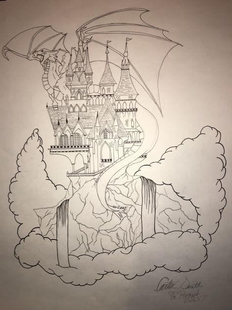 Castle With Dragon Drawing, Dragon And Castle Drawing, Castle And Dragon Tattoo, Castle In The Sky Drawing, Fantasy Castle Drawing, A Castle In The Sky, Sky Black And White, Castle Sketch, Tattoo 2022