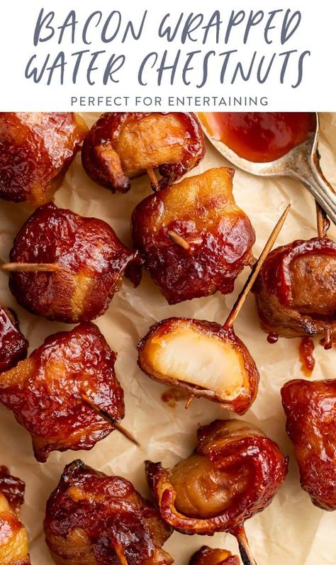 These bacon wrapped water chestnuts are positively addictive! Salty, crunchy, sticky, and sweet, they're the perfect appetizer that everyone will just love. Easy and quick to make, but they'll be gone faster than it took you to make them! Bacon Water Chestnuts Recipe, Waterchestnut Recipes, Bacon Wrapped Water Chestnuts, Chestnut Recipes, Bacon Appetizers, How To Make Bacon, Appetizers Easy Finger Food, Quick And Easy Appetizers, Water Chestnuts