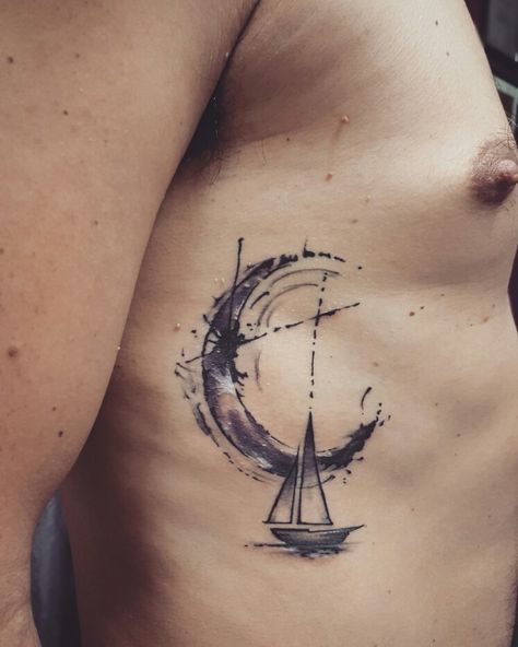 Sailing Tattoo Men, Boat Tatoos Men, Boat Tattoo Men, Rowboat Tattoo, Row Boat Tattoo Simple, Sail Boat Tattoo, Sailboat In A Bottle Tattoo, Geometric Sailboat Tattoo, Sailboat On Water Tattoo