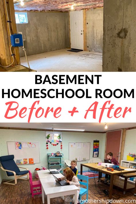 I was searching for a good remote learning setup at home, and had lots of homeschool room ideas that I wanted to try out. I finally decided to convert our unfinished basement into a space for remote learning, and the results have been amazing! If you're doing a remote learning setup for elementary school aged kids, you'll find ideas in this before and after post. Homeschool Room Ideas, Homeschool Room Decor, Homeschool Room, Basement Makeover, Homeschool Learning, School Sets, Homeschool Life, Small Space Living Room, Remote Learning