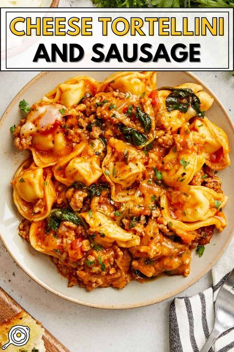 Ground Pork Tortellini Recipes, Sausage Skillet Meals, One Pot Weeknight Meals, Tortellini And Italian Sausage Recipes, 1 Pot Dinners Healthy, Good Fall Dinners, Things To Make With Tortellini, Easy 1 Pan Dinners, Healthy Dinner Cheap