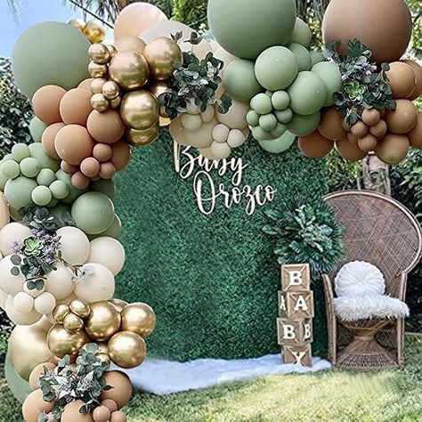 Sage Green Balloon Garland, Woodland Birthday Decorations, Green Balloon Garland, Sage Green Baby Shower, Jungle Balloons, Baby Shower Balloon Arch, Balloon Wreath, Green Baby Shower, Woodland Birthday