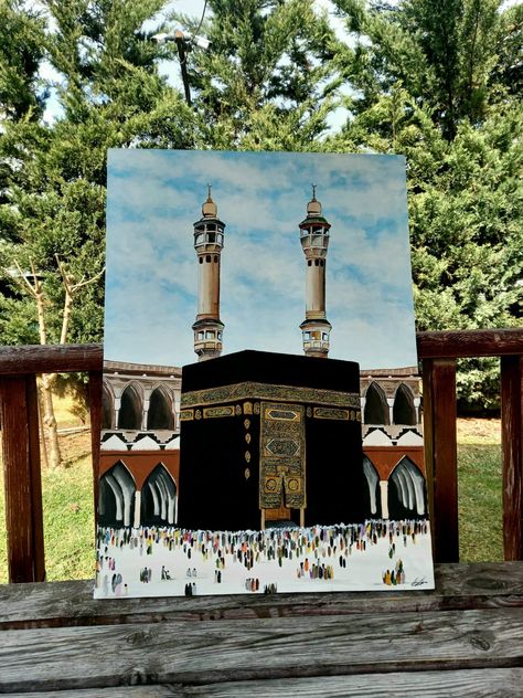 Khana Kaba Painting On Canvas, Kaba Art, Kabaa Paintings, Kaba Painting, Ala Hazrat, Pencil Sketches Landscape, Khana Kaba, Fineliner Art, Islamic Art Canvas