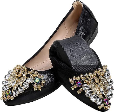 Women's Ballet Flat Shoes with Cute Rhinestones Bow Wedding Shoes Bridesmaid, Foldable Ballet Flats, Flat Shoes For Women, Bow Wedding, Flats For Women, Black Flats Shoes, Flat Shoe, Wedding Flats, Slip On Flats