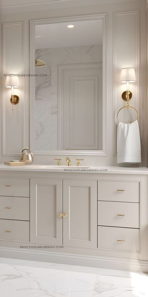 The color palette in the bathroom is carefully curated for a harmonious look. Mirrors in design amplify light and create the illusion of space in the bathroom. Wall sconces and task lighting ensure functional lighting in the bathroom. Amazon Bathroom Decor, Master Bath Remodel, Bathroom Design Inspiration, Bathroom Design Decor, Bathroom Remodel Designs, Bathroom Remodel Shower, Chic Bathrooms, Bathroom Inspiration Decor, Bathroom Wall Sconces