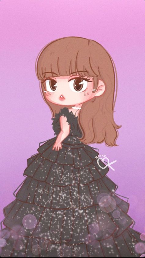 Kpop Chibi Blackpink, Blackpink Cartoon, Purple Backdrop, Layered Gown, Cute Pink Background, Chibi Wallpaper, Bff Drawings, Kawaii Illustration, Lisa Lalisa