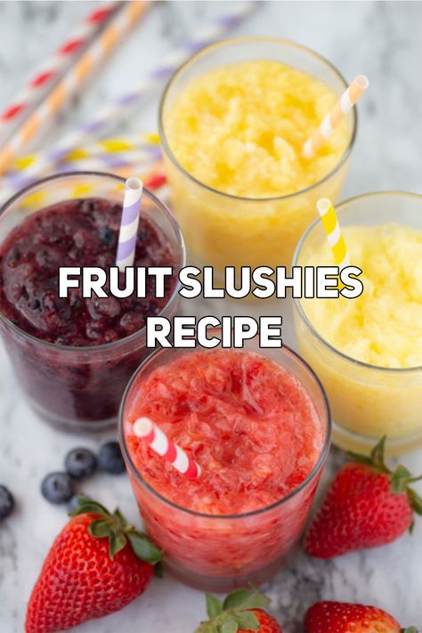 All possible fruit slushie combinations all in one place! View dozens of easy to follow and prepare fruit slushie recipes and surprise your family! Fruit Slushy Recipe, Slush Recipes Non Alcohol, Fruit Slush Recipes, Slushies Recipes, Slushie Recipes, Fruit Slushies, Frozen Fruit Drinks, Frozen Deserts, Lemonade Slushies