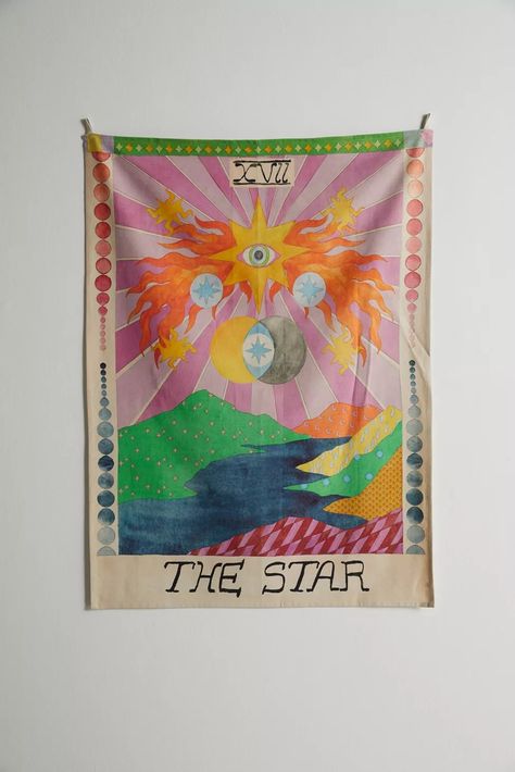 Tarot Card Tapestry | Urban Outfitters Urban Outfitters Dorm, Tarot Card Tapestry, Tapestry Pink, Dorm Design, Colorful Wall Hanging, Star Tapestry, Room Tapestry, Retro Room, Tarot Major Arcana