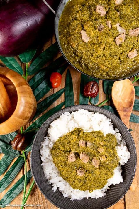 Cassava leaf stew is considered to be the national dish of Sierra Leone.  A delicious stew/sauce served over steamed rice. #cassavaleafstew #nationaldish #sierraleone #sierraleonefood #sierraleonecuisine Casava Leaf Recipe, West African Food Sierra Leone, Sierra Leone Recipes, Cassava Leaf Stew, Cassava Leaf Recipe, Sierra Leone Food, Cassava Recipes, Cassava Leaves, Stew With Rice