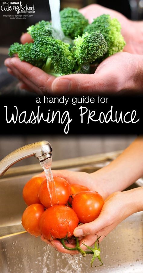 A Handy Guide For Washing Produce | The beginning of spring is the perfect to time to talk about preserving produce. I don't mean recipes, canning, or lacto-fermentation, though. I want to talk about the first thing you do to produce once you bring it home. Let's talk about the best ways to wash produce! | http://TraditionalCookingSchool.com Washing Produce, Preserving Produce, Wash Produce, Soda Ideas, Veggie Storage, Produce Wash, Washing Veggies, Washing Fruits And Vegetables, Baking Tips And Tricks