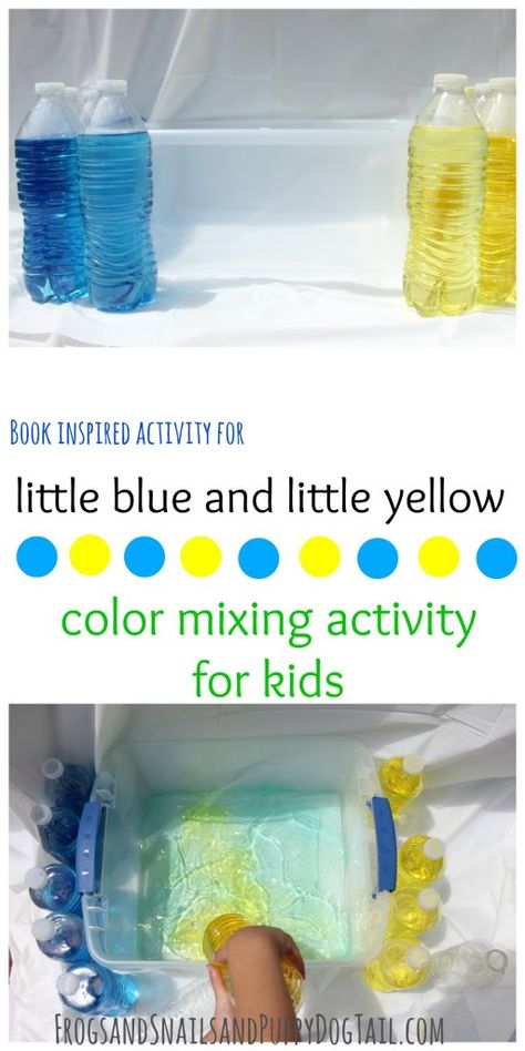 Little Blue and Little Yellow- color mixing activity for kids - FSPDT Kindergarten Experiments, English Kindergarten, Colour Monster, Puppy Pals, Water Tub, Toddler Curriculum, Yellow Crafts, Preschool Science Activities, Color Unit