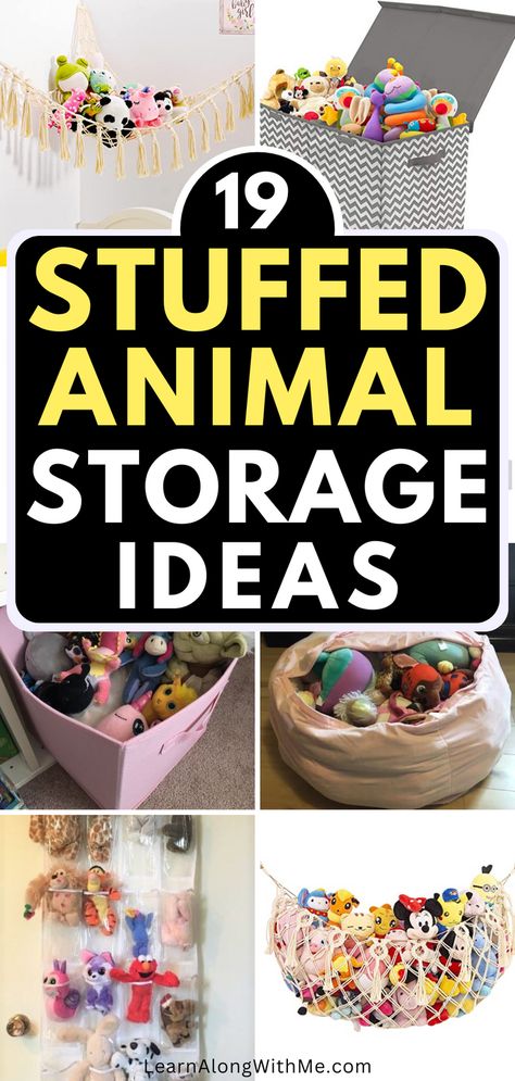 If you need a better way to store your child's stuffed animals, check out these 19 stuffed animal storage ideas.  There are stuffed animal storage solutions for hanging the Teddy Bears on the wall, tucking them inside zippered bags, some stuffed animal storage DIY options, and more.  Which of these ideas will help tame the zoo at your houes?  Click to have a look. Diy Giant Stuffed Animal, Best Way To Store Stuffed Animals, How To Store Soft Toys, Ideas For Storing Stuffed Animals, Creative Ways To Store Stuffed Animals, Stuffed Animal Storage Small Space, Stuffie Storage Ideas, Teddy Storage Ideas, How To Store Stuffed Animals