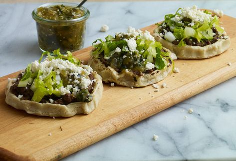 Pati's Mexican Table Recipes, Patti Jinich Recipes, Sopes Recipe, Patis Mexican Table, Pati Jinich, Roasted Tomatillo, Frijoles Refritos, Mexican Table, Mexican Kitchens