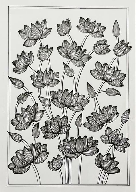 Lotus Doodle Art, Doodle Art Flowers Zentangle Patterns, Black Pen Art Doodles, Pen Art Work Illustrations, Pretty Patterns To Draw, Black Sketch Pen Art, Black Pen Drawing Sketches, Flower Mandala Sketch, Flower Doodle Art Design