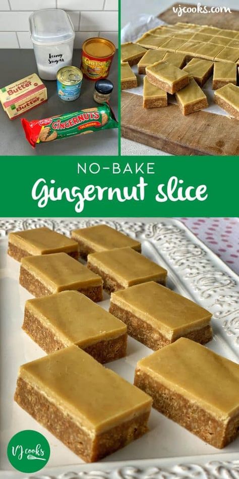 VJ COOKS no bake gingernut slice Chocolate Weetbix Slice, Vj Cooks, No Bake Slices, Video Cake, Slice Recipe, Tray Bake Recipes, Bake Cake, Ginger Nut, Slices Recipes