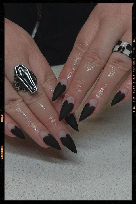 Black Heart Pointy Tips Black Hearts Nail Design, Pointy Black Nails Design, Goth Stiletto Nails Designs, Dark February Nails, Black Heart French Tip Nails, Black Heart Tip Nails, Goth Engagement Nails, Goth Heart Nails, Almond Acrylic Nails Heart