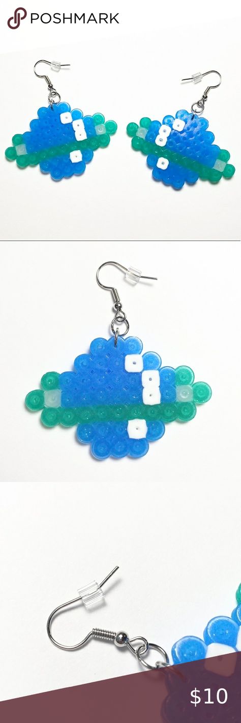 Perler Bead Handmade Blue/Green Saturn Earrings. New Saturn Perler Beads, Saturn Earrings, Perler Bead, Perler Beads, Fish Hook, Handmade Silver, Blue Green, Craft Ideas, Drop Earrings