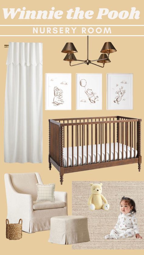 Whitney The Pooh Nursery, Neutral Winnie The Pooh Nursery, Winnie The Pooh Nursery Girl, Winnie The Pooh Nursery Ideas, Gender Neutral Nursery Themes, Classic Winnie The Pooh Nursery, Disney Inspired Nursery, Nursery Room Ideas, Wainscoting Nursery