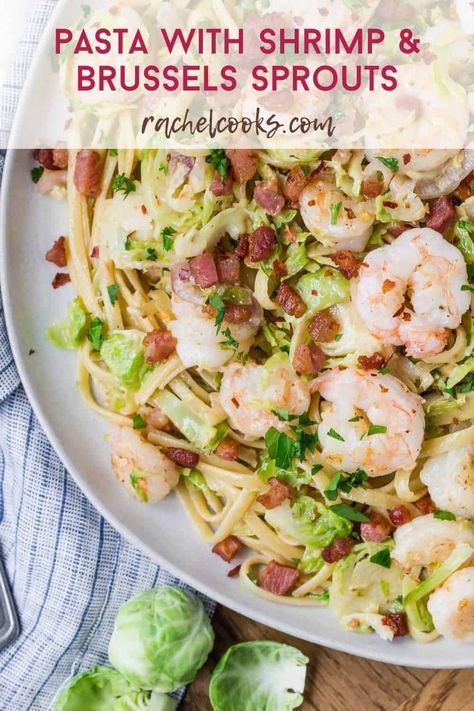 Delicious pasta with shrimp, Brussels sprouts, and creamy wine sauce seems like a splurge but it's surprisingly good for you. Brussel Sprout Pasta, Creamy Wine Sauce, Gnocchi With Sausage, Air Fryer Sweet Potato Fries, Meat Entrees, Pasta With Shrimp, Delicious Pasta, Sprout Recipes, Brussels Sprouts Recipe