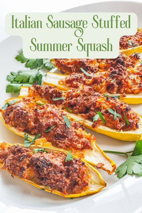 Stuffed Summer Squash, Ground Italian Sausage Recipes, Ground Sausage Recipes, Sausage Recipes For Dinner, Summer Squash Recipes, Italian Sausage Pasta, Italian Sausage Recipes, Baked Squash, Jalapeno Recipes