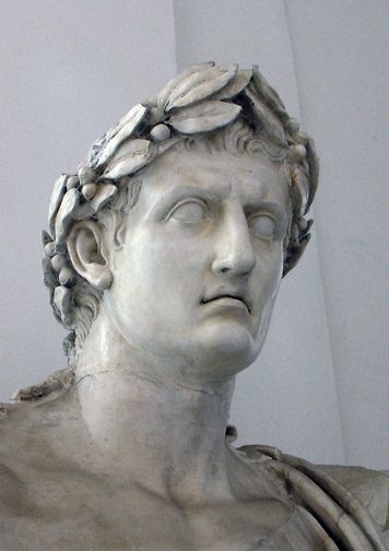 Detail of a seated statue of Augustus from the Augusteum (a shrine that housed the imperial cult) at Herculaneum.  Note the break in the neck and the stylistic features of the head; which appears to be heavily restored if not a complete replacement.  The emperor is crowned with a wreath of olive leaves and fruit (corona oleagina). National Museum, Naples, inv. 6040. Greek Leaf Crown, Caesar Crown, Olive Crown, Laurel Crown, Olive Wreath, Water Color Pencil, Leaf Crown, Olive Leaves, Watership Down