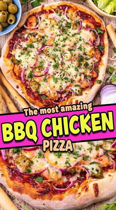 BBQ chicken pizza with a text title overlay. Easy Healthy Pizza Recipes, Homemade Bbq Chicken Pizza, Low Sugar Bbq Sauce, Bbq Chicken Pizza Recipe, Crispy Pizza Crust, Shredded Bbq Chicken, Fakeaway Recipes, Healthy Pizza Recipes, Crispy Pizza