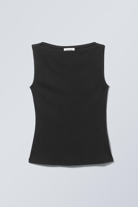 annie rib boatneck top - Black | Weekday EU Boat Neck Shirt, Swedish Street Style, Boat Neck Tops, Online Tops, Black Sleeveless, Boat Neck, Shirts & Tops, Shirt Outfit, T Shirt Top