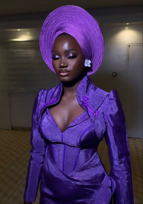 Purple Aso Ebi, Nigerian Traditional Dresses, Nigerian Wedding Dresses Traditional, Yoruba Bride, Nigerian Wedding Dress, African Bridal Dress, Fashion Collection Inspiration, Nigerian Outfits, Nigerian Lace Styles Dress