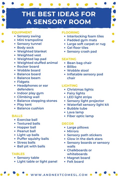 Need ideas for a sensory room at home? Here's a huge list of the best sensory room ideas for kids! Sensory Equipment Special Needs, Calming Sensory Room For Adults, Middle School Sensory Ideas, Sensory Design Interior, Sensory Center Ideas, Safe Space Room Ideas, Sensory Room Must Haves, Sensory Regulation For Adults, Sensory Room Ideas For Adults Special Needs