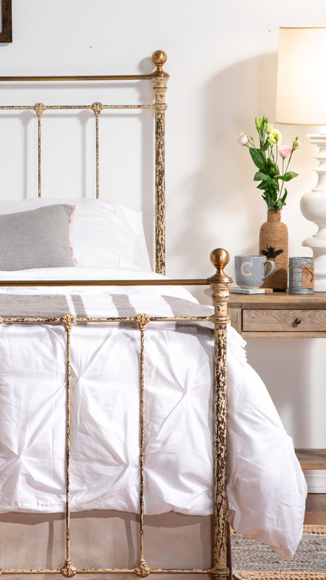 Rogers has a beautiful selection of iron and brass beds for your traditional and farmhouse bedroom needs. Gold Queen Bedding, Brass Bedframe Bedroom Ideas, Iron Beds Frame, Wrought Iron Beds Bedroom, Iron Beds Bedroom Decorating Ideas Boho, Gold Brass Bed Bedroom Ideas, Brass Headboard Bedroom Ideas, Antique Brass Bed Bedroom Ideas, Gold Frame Bed