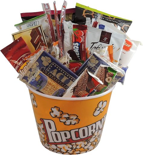 Popcorn Bucket Gift Ideas, Bucket Gift Ideas, Game Night Gift Basket, Snack Bucket, Night Poem, Cheap Candy, Snack Gift Baskets, Movie Night Gift Basket, Game Night Gift