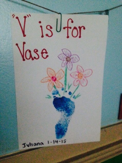 V is for Vase- Infant Footprint Craft V For Vase Craft, V Is For Handprint Craft, Letter V Handprint Craft, Letter A Footprint Craft, Baseball Footprint Craft, V Handprint Craft, G Is For Craft Handprint, Abc Crafts For Infants, Letter V Activities For Toddlers