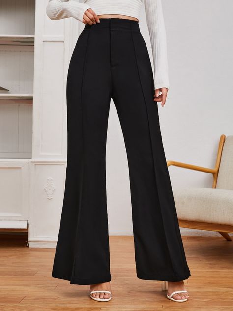 Black Elegant   Polyester Plain Flare Leg Embellished Slight Stretch Spring/Summer/Fall Women Bottoms Formal Outfits For Women Flare Pants, Flared Office Pants, Black Flare Trousers, Flare Pants Outfit Formal, Flare Dress Pants Outfit, Formal Flare Pants, Shein Trousers, Flare Trousers Outfit, Flared Black Pants