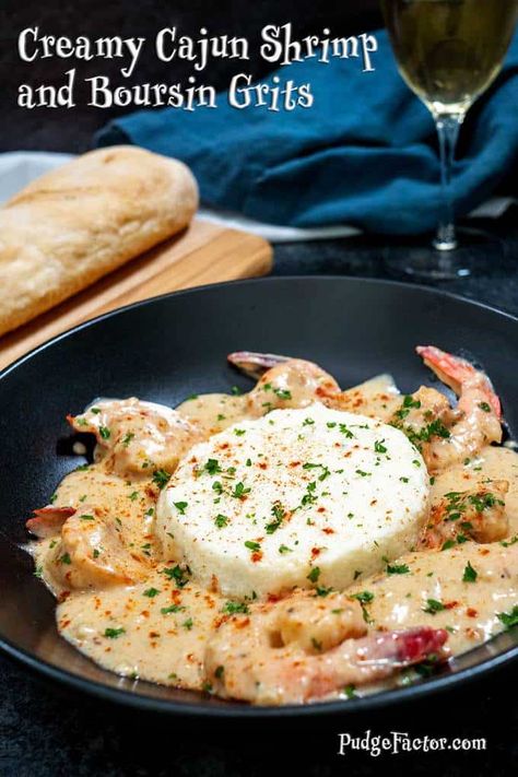 Creamy Cajun Shrimp and Boursin Grits is an easy to prepare but elegant dish to serve at any occasion. Succulent fresh shrimp are cooked to perfection in a creamy garlic and parmesan sauce. Ordinary grits is taken to new heights with the addition of not only Boursin cheese but also smoked Gouda cheese. Cajun Sauce For Shrimp And Grits, Cajun Cheese Sauce, Boursin Cheese Recipes Shrimp, Boursin Grits, Boursin Shrimp Pasta, Apocalypse Recipes, Creamy Shrimp And Grits, Cajun Shrimp Sauce, Creamy Cajun Shrimp