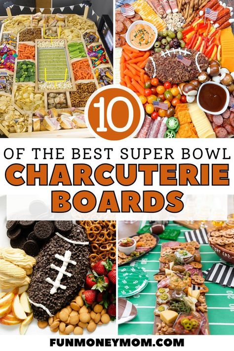 These creative Super Bowl Charcuterie Board Ideas make an easy and fun party food for game day! Fun Superbowl Party Food Ideas, Charcuterie Board Ideas For Football Game, Super Bowl 2024 Food, Tailgating Charcuterie Board, Charcuterie Board Ideas Football Game, Tailgate Snacks Easy Football Food, Super Bowl Party Food Charcuterie, Charcuterie Board Ideas For Football, Holiday Snack Board Ideas