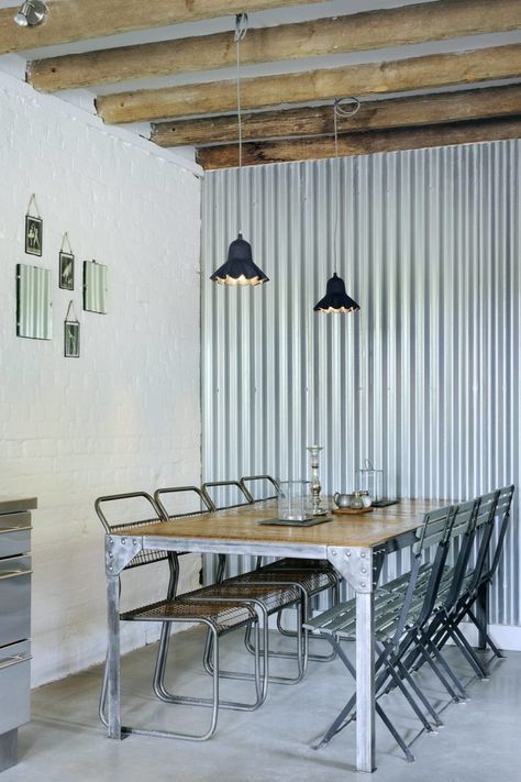 20 Creative Ways to Use Corrugated Metal Panels for Interior Walls in Your House – AprylAnn Corrugated Steel Half Wall, Corrugated Interior Walls, Tin House Interior Design, Sheet Metal Wall Interior Design, Tin House Ideas, Galvanized Steel Wall, Corigated Metal Walls Rustic, Metal Cladding Interior, Galvanized Metal Decor