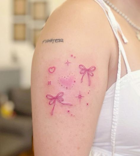 Pink Tattoo Ink, Tatuaje Hello Kitty, Pink Bow Tattoos, Gothic Tattoos, Kpop Tattoos, Cute Simple Tattoos, Funky Tattoos, Cybercore Aesthetic, Pink Tattoo