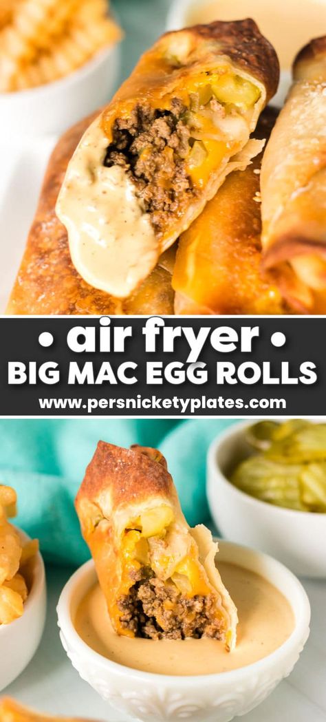 Iconic Big Mac flavors wrapped in crispy egg roll wrappers - these Big Mac egg rolls are easy to make in your air fryer and are the perfect lunch, dinner, or appetizer without the extra calories! Eggroll Wrapper Recipes, Big Mac Egg Rolls, Crispy Egg, Ground Sirloin, Airfryer Recipes, Egg Roll Wrappers, Egg Roll Recipes, Appetizers Easy Finger Food, Air Fryer Recipes Chicken