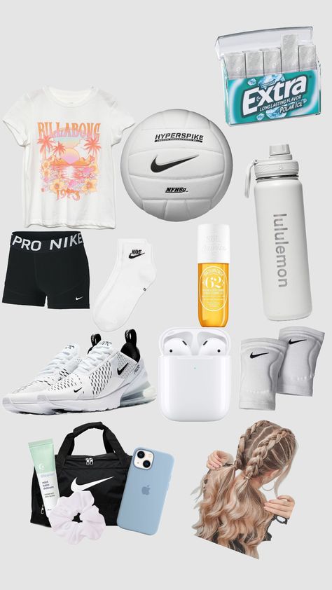 Volleyball fit + what to put in bag! What To Bring In Volleyball Bag, What To Pack In Your Volleyball Bag, What To Put In Your Volleyball Bag, Volleyball Bag Essentials List, Sports Bag Essentials, Christmas Volleyball, Teenager Birthday Gifts, Volleyball Equipment, Vollyball Outfits