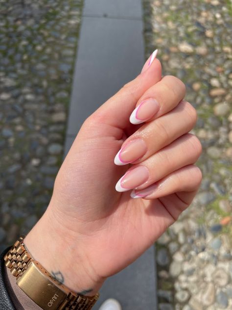 Cute french nails w/ Pink ✨💅💓 Almond French Tip Nails With Line Under, White And Pink Nails French Tips, French Nails With Pink Line, White Pink French Nails, Light Pink And White Nails French Tips, White And Pink Tip Nails, White French Tip Nails With Pink Line, White French With Pink Line, White French Tips With Pink Line