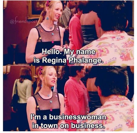 Phoebe AKA Regina Phalange: a business woman, in town on business. Lisa Kudrow Friends, Regina Phalange, A Business Woman, Friends Scenes, Smelly Cat, Friends Central Perk, Friends Season, Friends Moments, Funny Shows