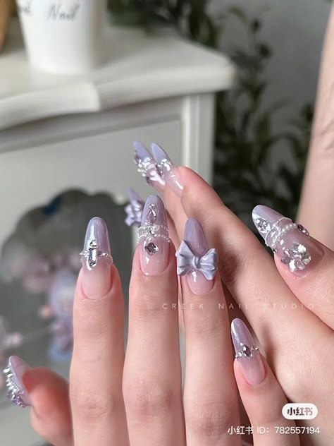 Wedding Nails Purple The Bride, Fancy Purple Nails, Purple Wedding Nails For Bride, Rapunzel Nails, Fake Nails Designs, Purple Nail Designs, Asian Nails, Hello Nails, Girly Acrylic Nails