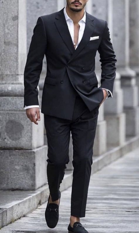 Black Suits Aesthetic Men, Black Full Suits For Men, Black Suit With Loafers Men, Classic Black Suit Wedding, Mens Suits Black Classy, Classic Suits For Men Black, Suit For Men Wedding Black, Men Wedding Outfit Black, Classic Black Suit Men