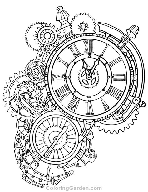 Free printable steampunk clock adult coloring page. Download it in PDF format at http://coloringgarden.com/download/steampunk-clock-coloring-page/ Tatto Clock, Gear Drawing, Steampunk Printables, Steampunk Drawing, Steampunk Coloring, Clock Drawings, Steampunk Tattoo, Steampunk Couture, Steampunk Wall