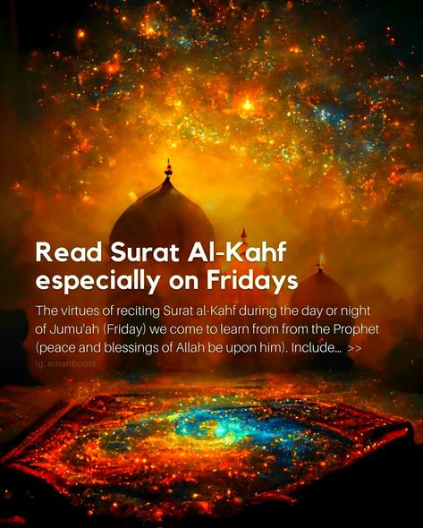 Benefits of Surah Al Kahf – Read Surat Al-Kahf Especially on Fridays (Jumma) Surat Kahf, Surah Kahf On Friday, Surah Kahf, Surah Al Kahf, Al Kahf, Peace And Blessings, Friday Quotes, The Virtues, Its Friday Quotes